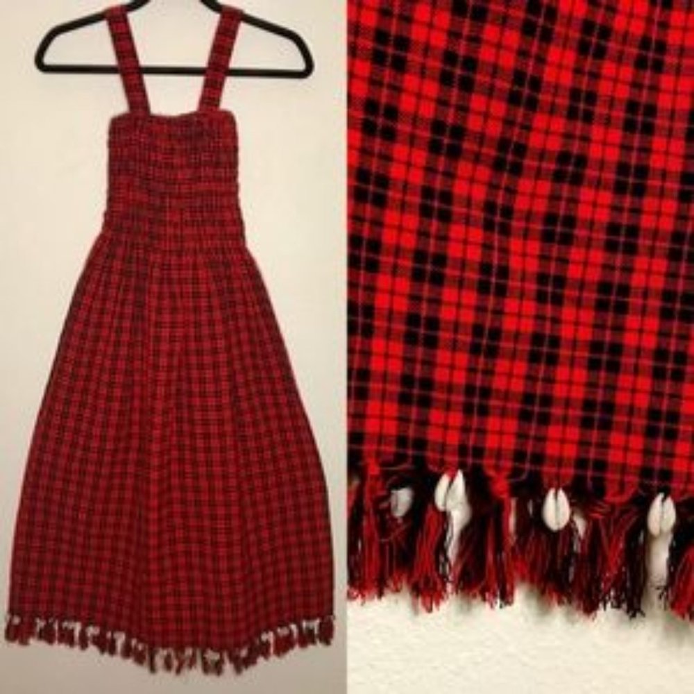 Real Seashell Fringe Hem Plaid Shirring‎ Dress Red